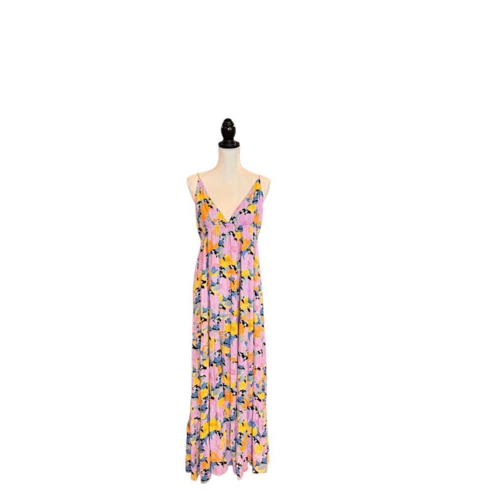 Women's Roxy Floral Maxi Dress L Pink Yellow